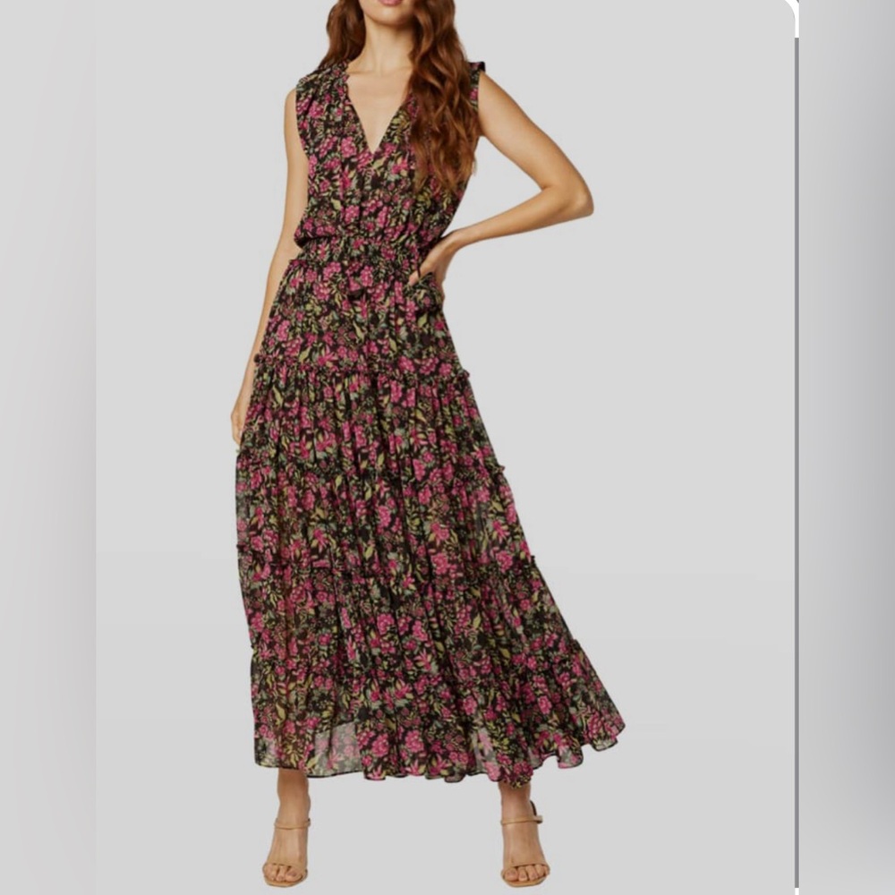 MISA-Hollen Sleeveless Split-Neck Tiered Maxi Dress